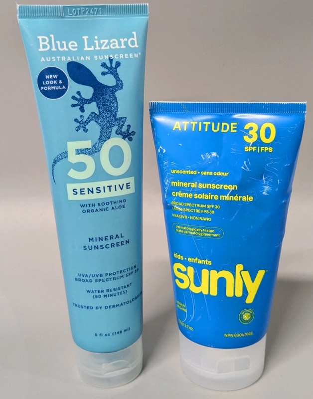 [See Desc] Blue Lizard 50 Sensitive Mineral Sunscreen & SUNLY Kids Broad Spectrum 30SPF Mineral Sunscreen