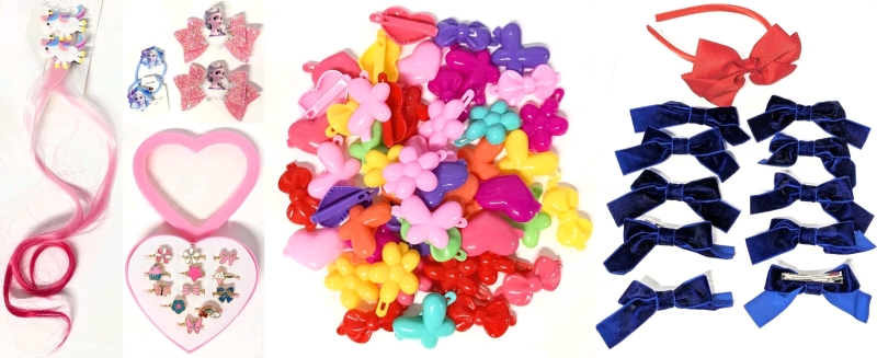 50+ New Kid Friendly Hair Ties, Bows, Hairband & Pink Fantasy Unicorn Hair Clip + 12 Open-Back Enamel Kid-Sized Rings in Heart-Shaped Box