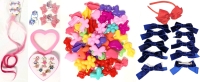 50+ New Kid Friendly Hair Ties, Bows, Hairband & Pink Fantasy Unicorn Hair Clip + 12 Open-Back Enamel Kid-Sized Rings in Heart-Shaped Box
