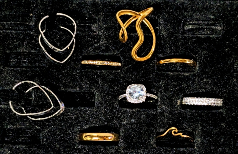 6 (Six) Size 9 Rings : Wave, Paved Rhinestones, Prong-Set Clear Stone + 3 Finger Cuff Rings
