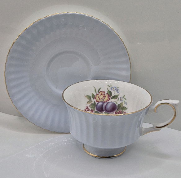 Vintage Paragon Teacup and Saucer Fruit & Floral Pattern Blue