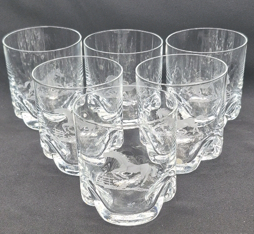 6 Vintage Rock Glasses with Horse Etching Designs 3.5" Tall