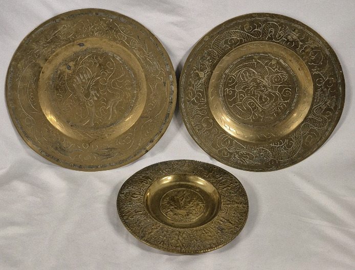 3 Vintage Brass Decorative Plates