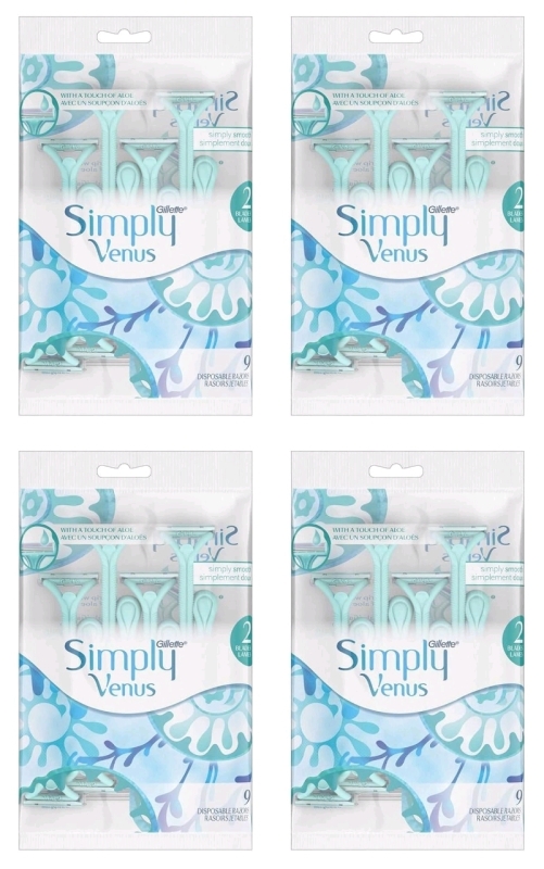 4 New Packs Gillette SIMPLY VENUS Double Blade Disposable Razors, 9 Razors Per Pack, 36 Total