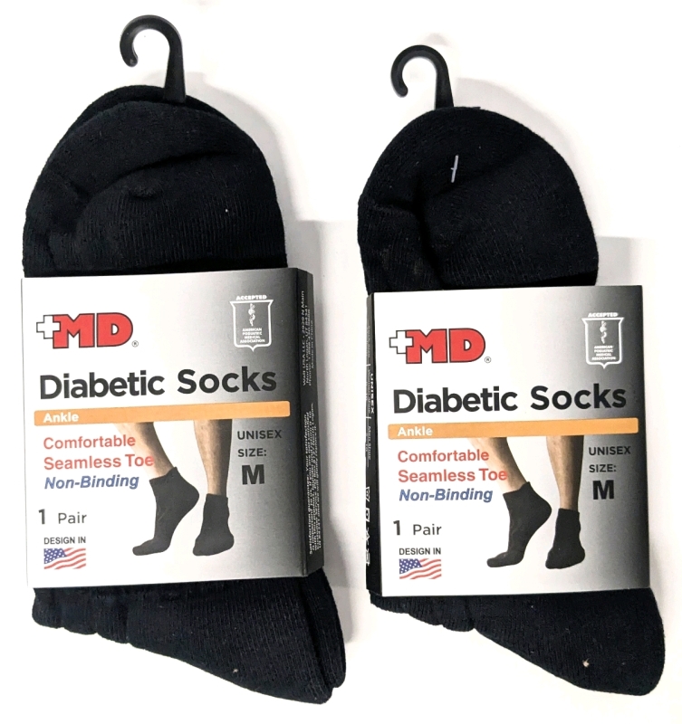2 New Pairs Size MED (W6-10, M5-10) Unisex +MD DIABETIC ANKLE SOCKS, Comfortable with Seamless Toes, Non-Binding