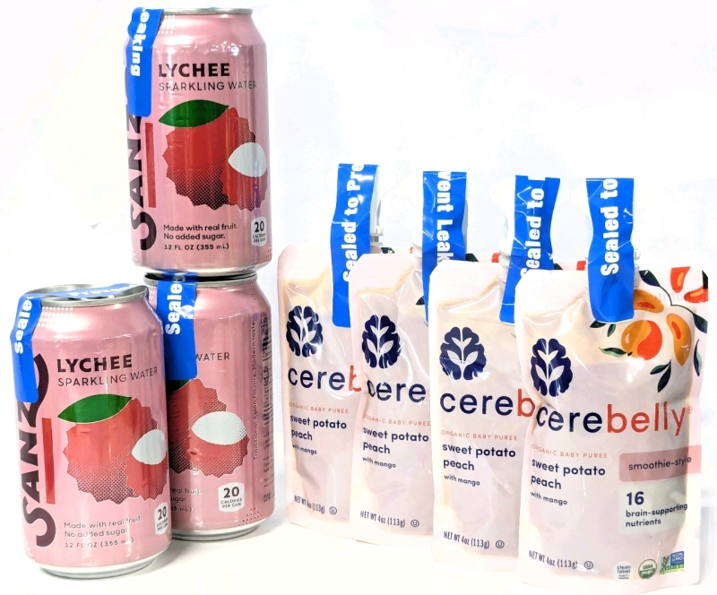 3 New Cans SANZO Lychee Sparkling Water 355ml, & 4 Packs CEREBELLY Smoothie-Style Organic Baby Puree: Sweet Potato Peach with Mango 113g ea | Drinks Past BB Date (05/21/2025), Cerebelly BB 12-25-2025
