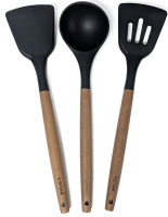 New 3pc CAROTE Silicone Kitchen Utensils with Wooden Handles: Slotted Spatula, Flipper & Soup Ladle, 12.75" Long