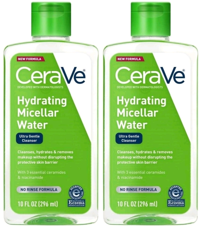 2 New CERAVE Hydrating Micellar Water, No-Rinse Ultra Gentle Cleanser with 3 Essential Ceramics & Niacinamide, 296ml ea