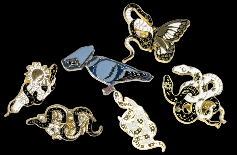 5 New Metal Enamel Pins : Witchy Celestial Snakes & Birds Aren't Real / Pigeon Surveillance - Up to 1.5"