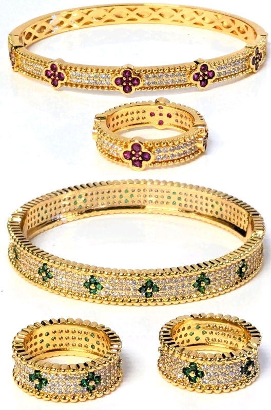Gorgeous Hinged Bracelets with Paved Rhinestones & Colored Flowers with 3 Matching Rings in Sizes 7, 8, 9