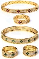 Gorgeous Hinged Bracelets with Paved Rhinestones & Colored Flowers with 3 Matching Rings in Sizes 7, 8, 9