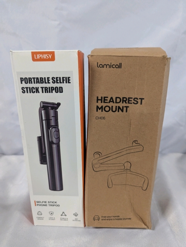 2 As-New Phone Mounts. Selfie Stick Tripod and Headerest Mount. Tripod Stands 15" Tall