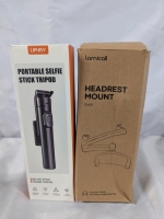 2 As-New Phone Mounts. Selfie Stick Tripod and Headerest Mount. Tripod Stands 15" Tall