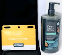 [See Desc] DOVE Men +Care Body Wash : Eucalyptus+ Cedar Oil & New Sealed Amazon Basics 5-Blade Razor Refills for Men with Dual Lubrication, Precision Beard Trimmer, Comfortable Shave, 12-Pack (Fits Amazon Basics Razor Handles only)