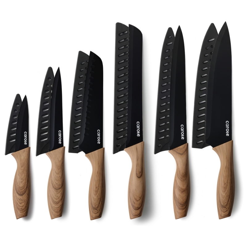 New 6pc CAROTE Kitchen Knives Set with Sheaths : Stainless Steel, Black, Wooden Handles - Retails Over $50!