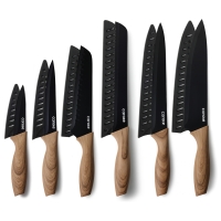 New 6pc CAROTE Kitchen Knives Set with Sheaths : Stainless Steel, Black, Wooden Handles - Retails Over $50!