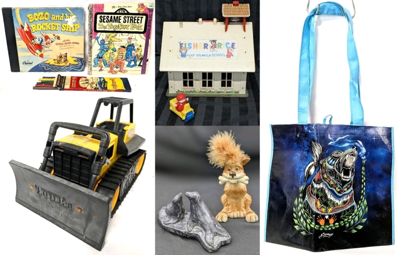 Vintage Toys + : Playschool Play Family School (Incomplete), Bozo and His Rocket Ship Capitol Record-Reader, Little Golden Book Sesame Street "The Together Book", Funky Dog Business Card Holder (Chip in Nose), Jolin Canada Faux Soapstone Seal Sculpture, 1