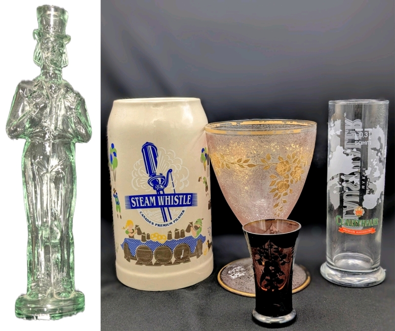 Vintage Glass Uncle Sam with Money Bag Candle Holder 15" Tall, Very Old Large Textured Glass Goblet with Gilt Rim & Rose Detailing 6.8", Amethyst Glass Shot Glass 3.25", Marke Clausthaler German 0,3L Beer Glass & Large Heavy 7.75" Steam Whistle Beer Stein