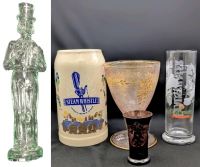 Vintage Glass Uncle Sam with Money Bag Candle Holder 15" Tall, Very Old Large Textured Glass Goblet with Gilt Rim & Rose Detailing 6.8", Amethyst Glass Shot Glass 3.25", Marke Clausthaler German 0,3L Beer Glass & Large Heavy 7.75" Steam Whistle Beer Stein