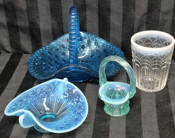 4 Vintage Opalescent & Iridescent Glass Baskets, Bowl & Tumbler