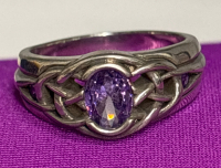 925S Stamped Celtic Knot Ring Oval Faceted Set Purple Stone Size 7