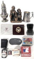 Assorted Vintage Finds : Lg Tiffany & Co Velvet Hinged Box, 1998 The White House Historical Association Ornament, Plated Sugar Castor & New Baby Stork Mug, Metal Jack & Jill Coin Bank (Cont'd in Desc)
