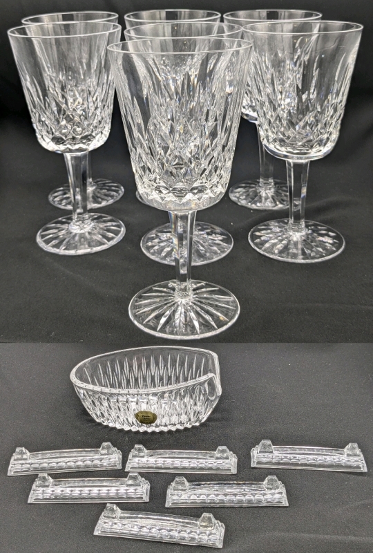 Set of 7 Signed WATERFORD CRYSTAL Glasses 7" Tall Each + Princess House Crystal Dish with 6 Presumed Glass Knife Rests (3.5" Long Each), No Chips or Cracks in Glasses, Some Rough Spots Felt on Knife Rests