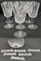 Set of 7 Signed WATERFORD CRYSTAL Glasses 7" Tall Each + Princess House Crystal Dish with 6 Presumed Glass Knife Rests (3.5" Long Each), No Chips or Cracks in Glasses, Some Rough Spots Felt on Knife Rests