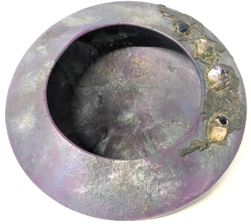Large Signed GUY DE PELTEAU (1932-2012, Canadian Artist) Raku-Fired Angled Round Ceramic Vase / Planter with Embedded Semi-Precious Stones, 13" Diameter &times; 7" Tall, No Chips or Cracks, Some Flaking Near Signature