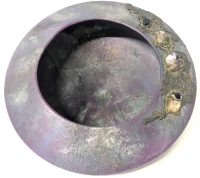 Large Signed GUY DE PELTEAU (1932-2012, Canadian Artist) Raku-Fired Angled Round Ceramic Vase / Planter with Embedded Semi-Precious Stones, 13" Diameter &times; 7" Tall, No Chips or Cracks, Some Flaking Near Signature