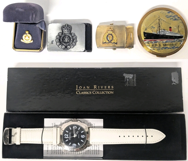 Vintage JOAN RIVERS Wrist Watch in Original Box, Durham Regional Police Pin, Solid Brass RCMP Belt Buckle. OPP Belt Buckle & Stratton R.M.S. "Samaria" (1922-1955) Ocean Liner Compact