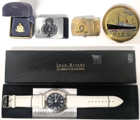 Vintage JOAN RIVERS Wrist Watch in Original Box, Durham Regional Police Pin, Solid Brass RCMP Belt Buckle. OPP Belt Buckle & Stratton R.M.S. "Samaria" (1922-1955) Ocean Liner Compact