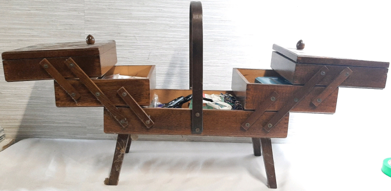 Fold-Out Wooden Sewing / Craft Box w/ Handle | Contains Several Sewing / Craft Supplies Inside | Measures 16&frac12;" Tall, 16" Wide Folded, Measures 33" Wide Unfolded