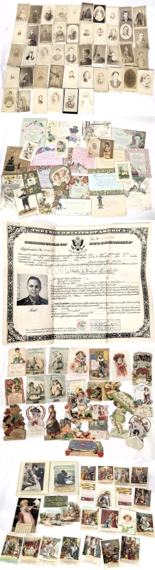 Antique to Vintage Ephemera: Assorted Instant Ancestors, Cards, Post Cards, Advertising, An Original Copy Certificate of Citizenship for the USA + More