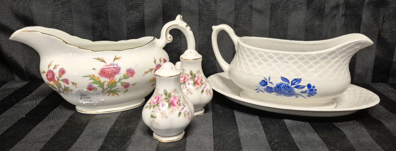 Great Vintage Gravy Boat Lot - Wedgwood & Royal Cauldon + Royal Albert Salt & Pepper Shakers