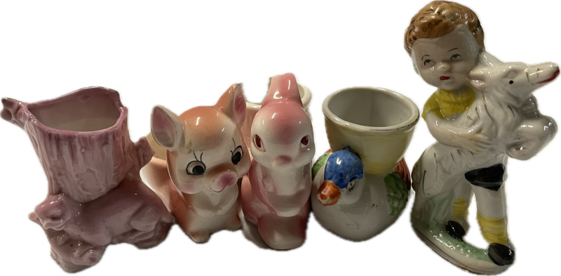 5 Vintage Figurines/Mini Planters | Tallest Measures 4&rdquo; | Boy, Duck, Rabbit made in Japan | Pink Otter Made in Austria | No Chops or Cracks