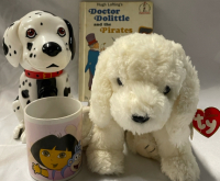 4 Vintage Kids&rsquo; Items | TY Stuffy &ldquo;Fluff&rdquo; Measures 13&rdquo; Long | Working Plastic Dalamation Bank | Dora the Explorer Mug No Chips or Cracks