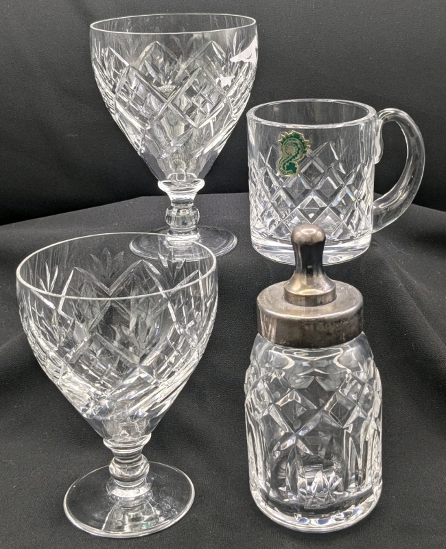Signed Vintage WATERFORD CRYSTAL : Small 3" Tall Mug & Interesting Presumed-Sterling Silver-Topped Decorative Baby Bottle 5.25" + 2&times; Glasses 3.75" Tall Made in Scotland, No Chips or Cracks