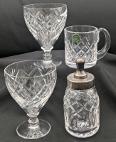 Signed Vintage WATERFORD CRYSTAL : Small 3" Tall Mug & Interesting Presumed-Sterling Silver-Topped Decorative Baby Bottle 5.25" + 2&times; Glasses 3.75" Tall Made in Scotland, No Chips or Cracks