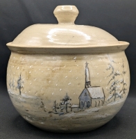 Vintage Signed GEORGE HSIUNG Qu&eacute;bec Lidded Pot with Rural Winter Church Scene, 6.5" Tall, No Chips or Cracks