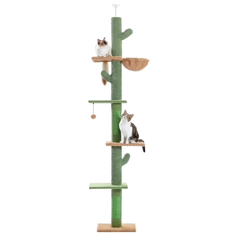 As New Open Box. PAWZ Road Cat Tree, Cactus Floor to Ceiling Cat Tower with Adjustable Height 95-108 Inches, 5 Level Cat Climbing Tower with Cozy Hammock, Platforms and Dangling Balls for Indoor Cats