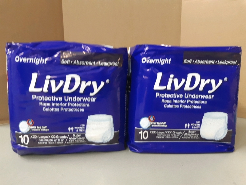New 2 packages 10 count each Liv Dry overnight protective underwear XXX Large for men and women