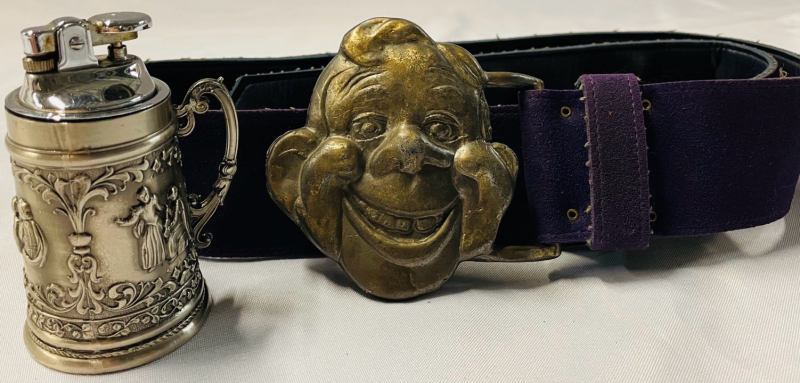 2 Vintage Items | 3.5&rdquo; Metal HOWDY DOODY Belt Buckle and Original Belt | 3.5&rdquo; Metal Beer Stein Lighter - Not Able to Test