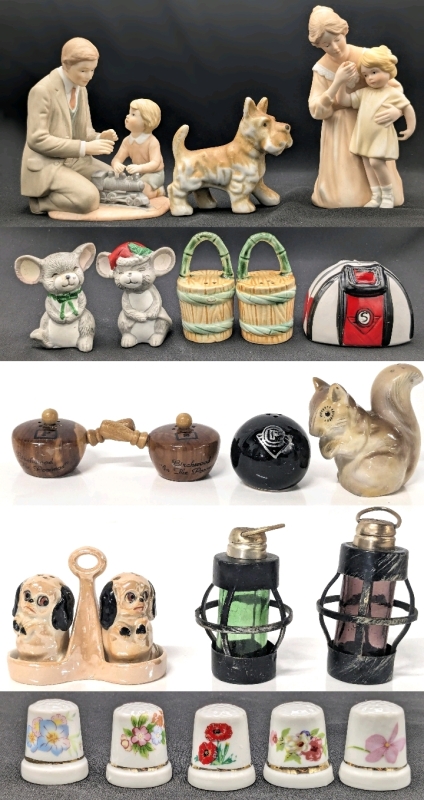 2 Vintage Treasured Moments Figures, Japan Scottish Terrier Figure, Assorted Salt and/or Pepper Shakers & Assorted Porcelain Thimbles, Up to 5.5" Tall, Chips & Cracks Present on Luster Ware Pekinese Dog Set Made in Germany