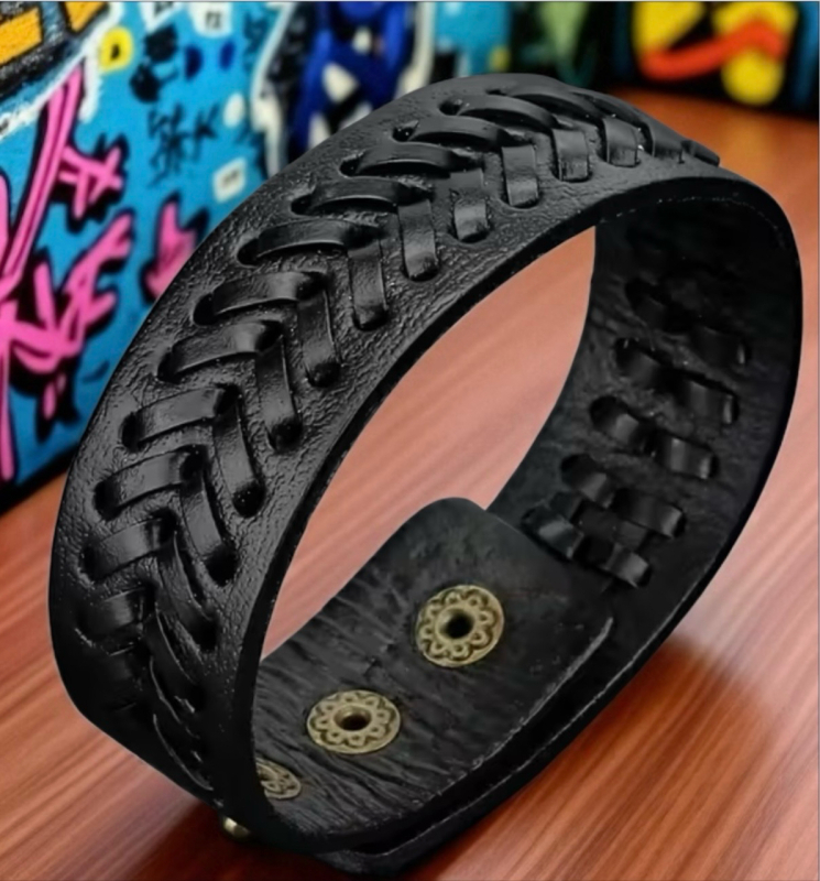 Handwoven Genuine Leather Braided Textured Bracelet Black Rugged Style, Artisan Crafted Snap Clasp approximately 7-8.3 inch 1 inch Wide