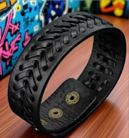 Handwoven Genuine Leather Braided Textured Bracelet Black Rugged Style, Artisan Crafted Snap Clasp approximately 7-8.3 inch 1 inch Wide