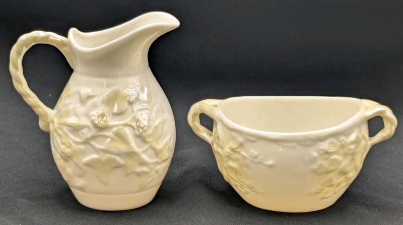 Vintage BELLEEK Green Stamp Ireland Ivy Yellow Creamer & Sugar Dish, Up to 3.5" Tall, No Chips or Cracks