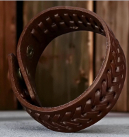 Handwoven Genuine Leather Braided Textured Bracelet Brown Rugged Style, Artisan Crafted Snap Clasp approximately 7-8.3 inch 1 inch Wide