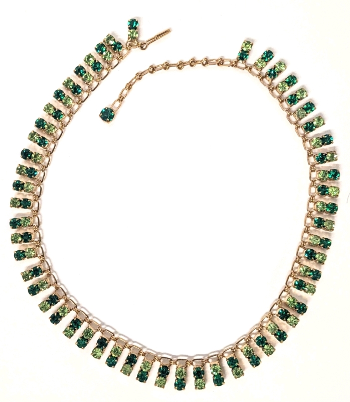 Gorgeous Emerald Green & Lime Green Rhinestone Necklace, 17" Long