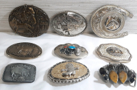 9 Cowboy Themed Metal Belt Buckles | Largest One Measures 5" Wide, 4&frac12;" Tall, Smallest Measures 3" Wide, 2&frac12;" Tall